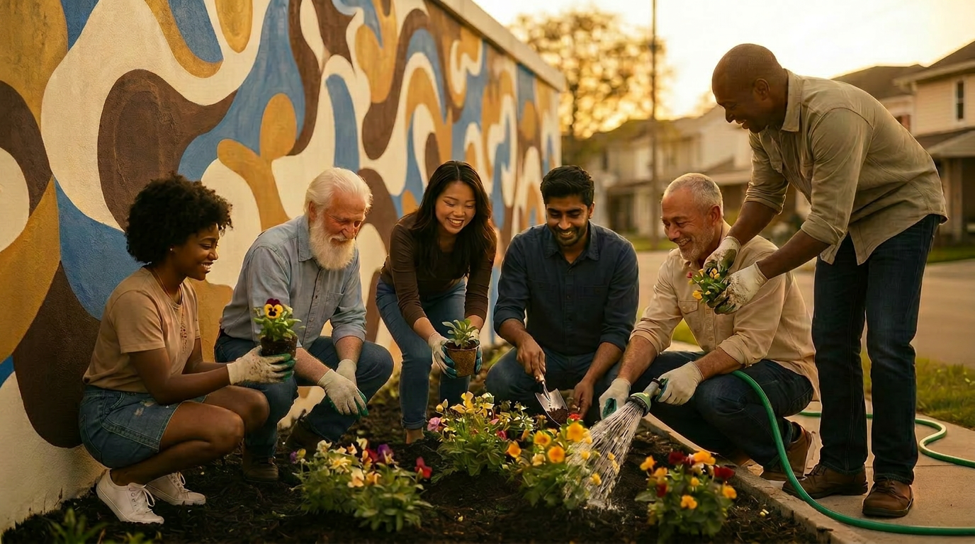 Diverse community volunteers collaborating to improve their neighborhood